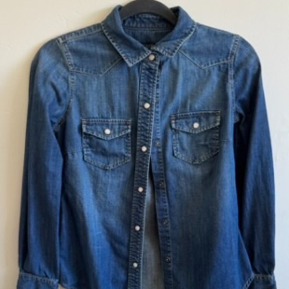 J.Crew Denim Button Down Shirt | Western Pearl Snap Chambray Top | Size XXS